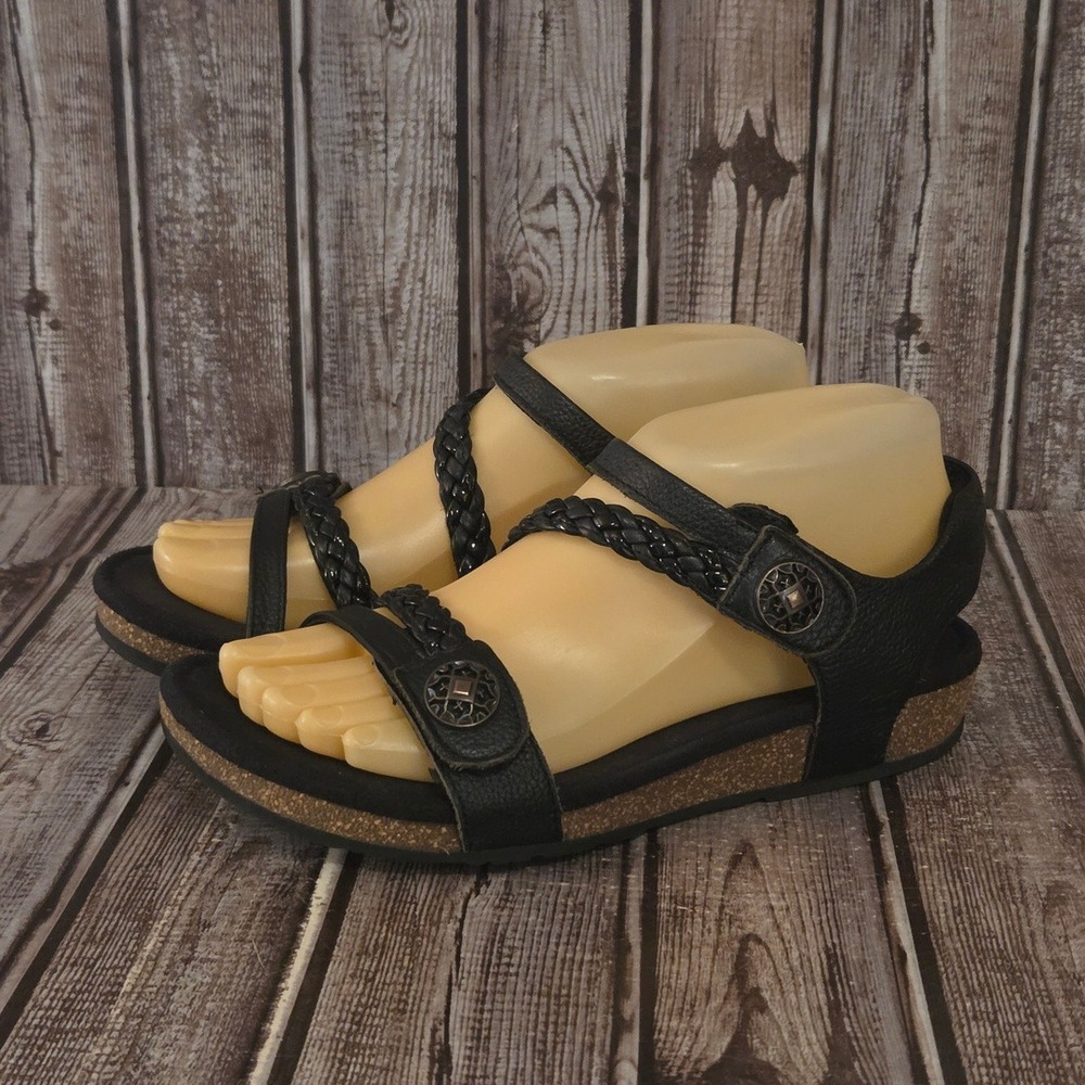 Sz 7 Womens Aetrex Jillian Black Braided Leather Comfort Sandals VGUC